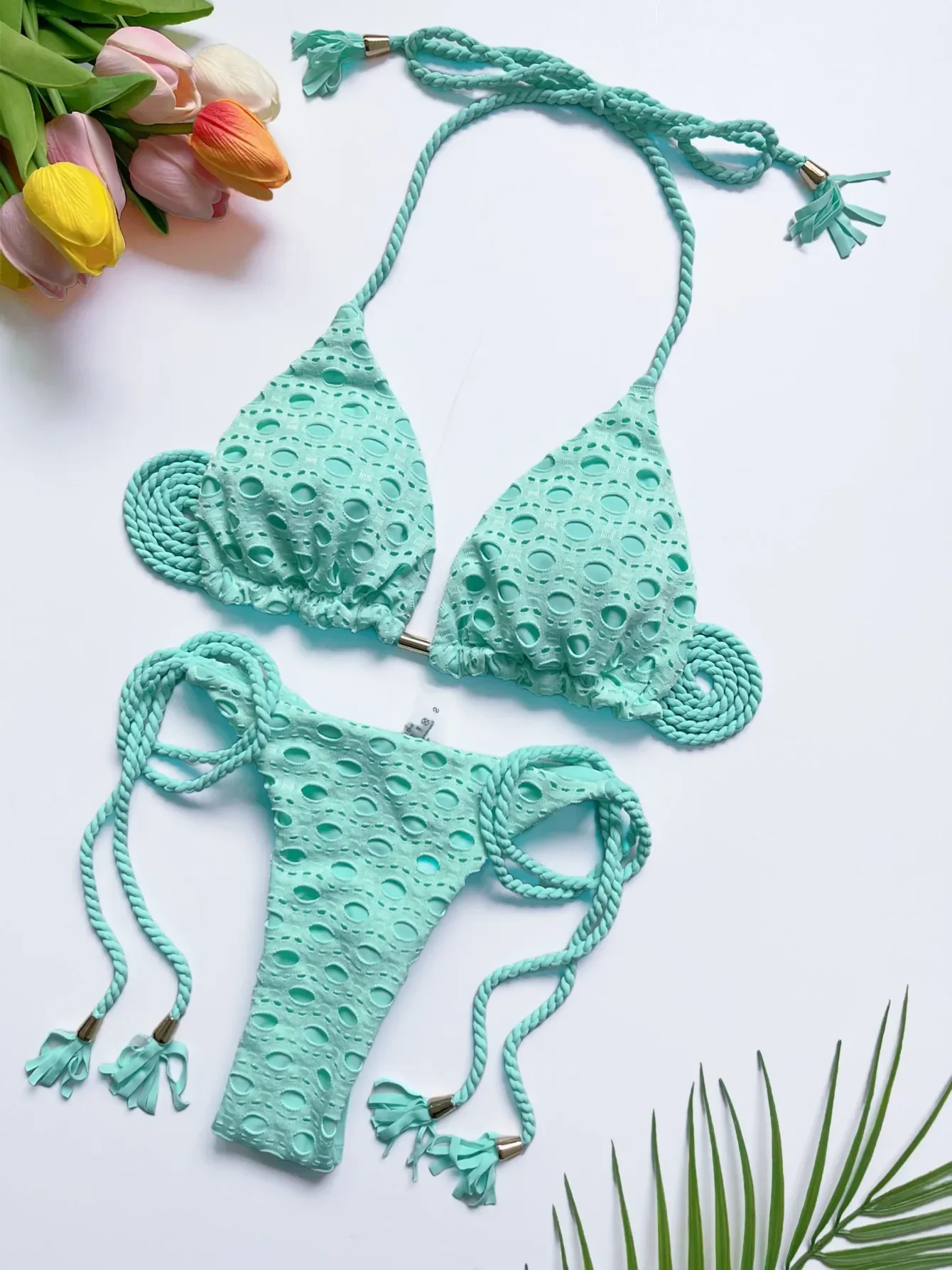 RUOTONSEPT セクシーな中空アウト編組ロープビキニセット水着女性の水着三角形固体水着ブラジル Biquinis