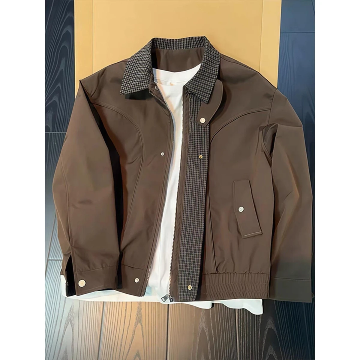 

American Sle Fake Two-Piece Jaet Men's Spring New Barn Sle High-End CleanFit Casual Collar Jaet Stand Fit Polyester