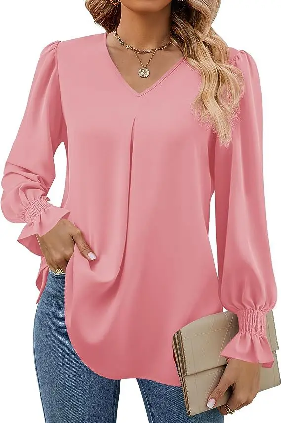 Long Sleeve Shirt Women\'s Spring Solid Color V Neck Bell Sleeve Fashion High Street Black Top Elegant Blouse for Women