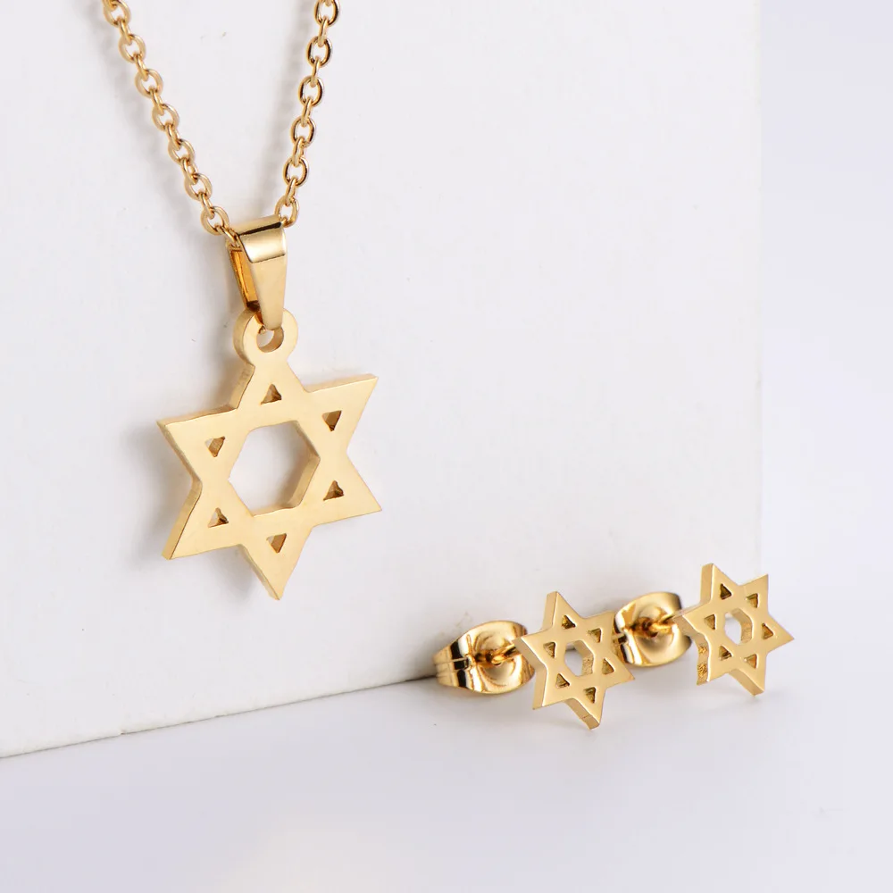Gold Stainless Steel Jewelry Set Star of David Charm Pendant Necklace Earring Classic Jewish Isael Religion For Mens Women