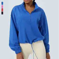 Women Loose Sports Coat Solid Color Half Zipper Long Sleeve Gym Hoodies Outdoor Running Sweatshirt Female Breathable Sportswear