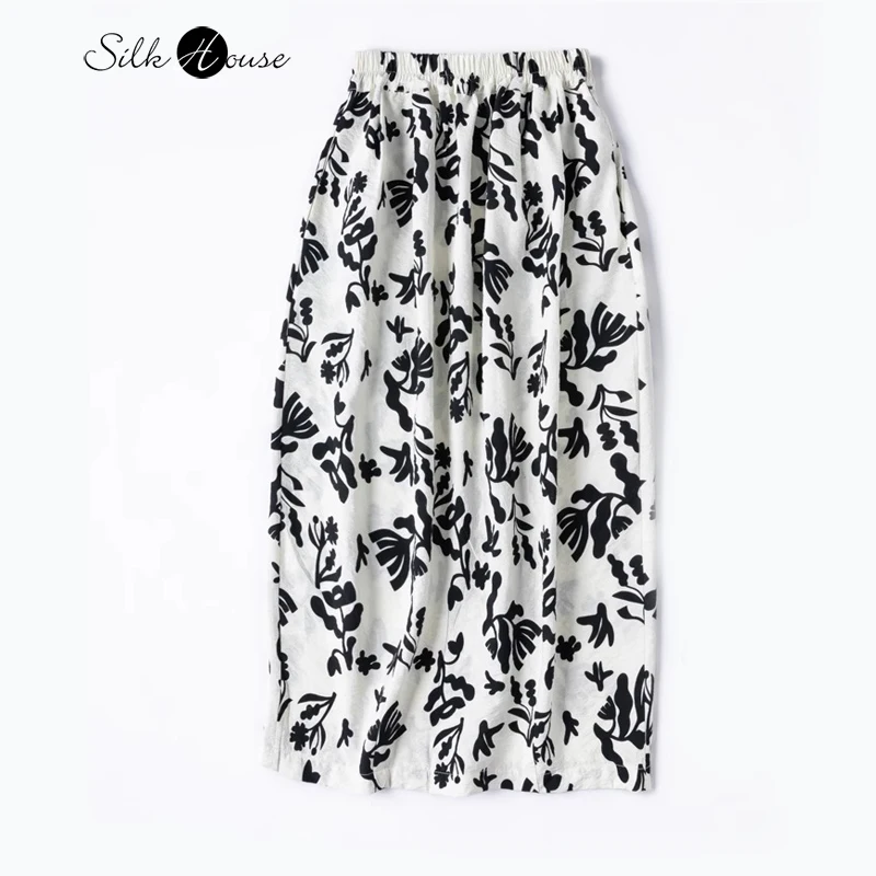 

Atmospheric Abstract Black/White Printed Cocoon Type 76% Natural Mulberry Silk Dry Silk Women's Summer Leisure Flower Bud Skirt