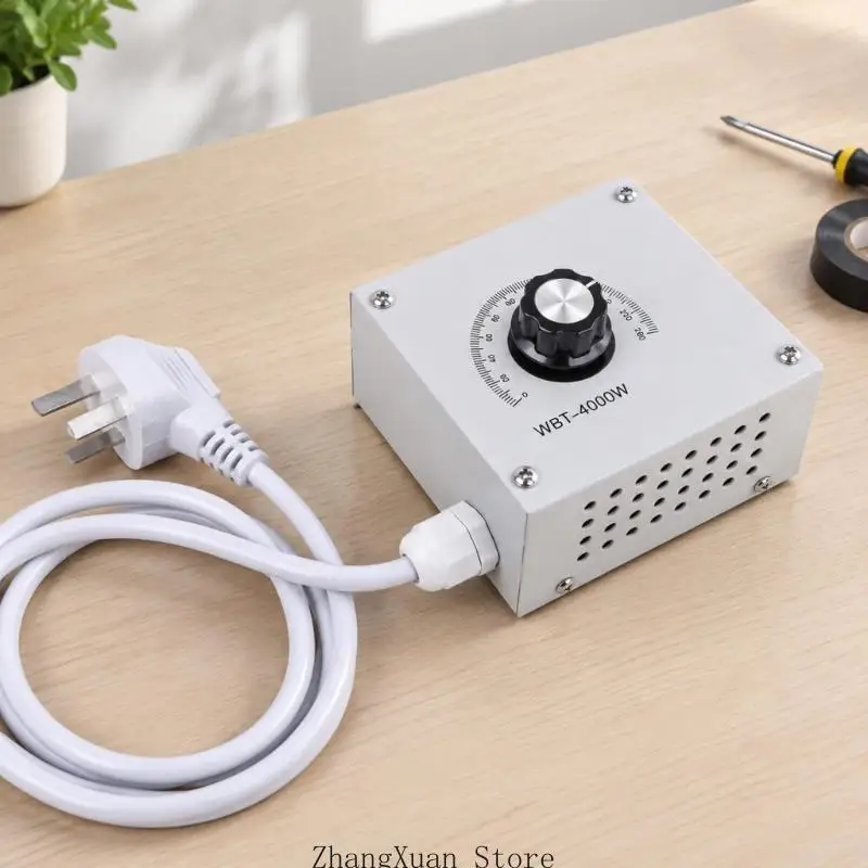 220 V Motor Speed Regulator with Variable Output, Graduated Knob, Integrated Three-Flat-Pin Cord, and Support for Induction