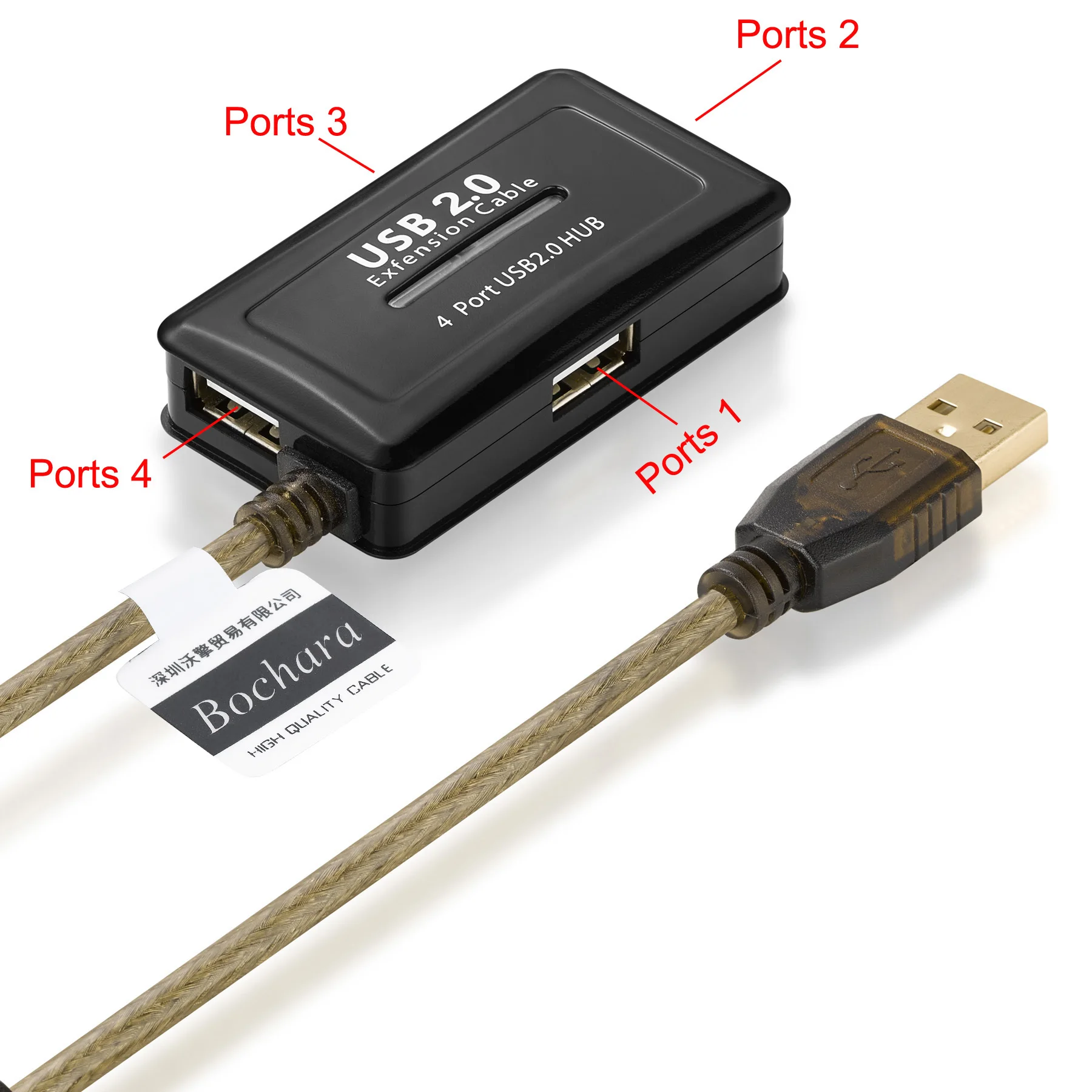 Bochara USB 2.0 4Ports HUB Extension Cable Male to Female Foil+Braided Shielded Built-in IC Chipset Dual Shielded 5M 10M