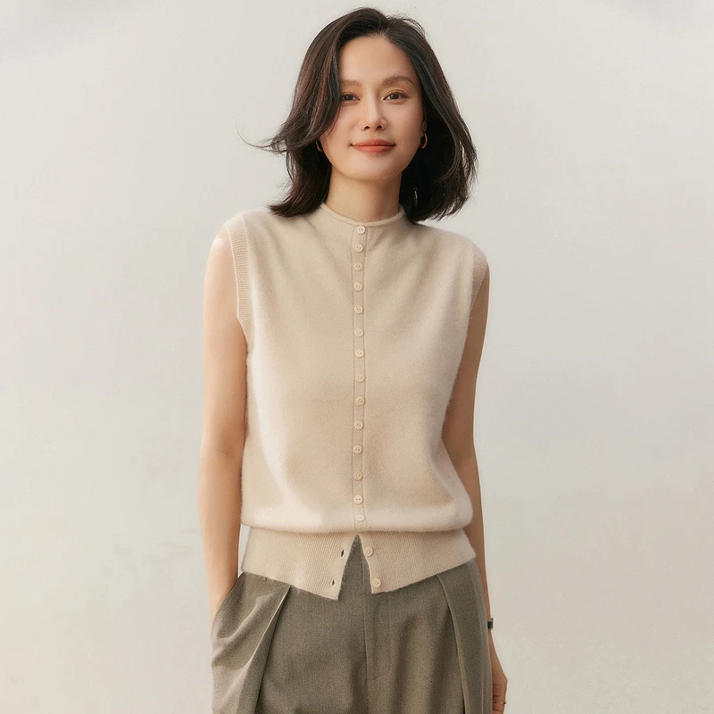 

Пуловер из 100% чистого кашемира, жилет, осенний женский повседневный однотонный вязаный свитер без рукавов, однобортный топ с полувысоким воротником