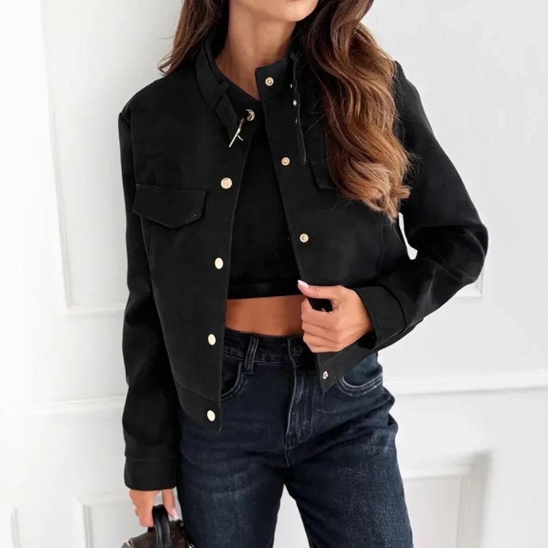 Women Slim Suede Bomber Jacket Stand Collar Button Long Sleeve Female Coat Autumn Lady Casual Y2k Streetwear Vintage Chic Tops