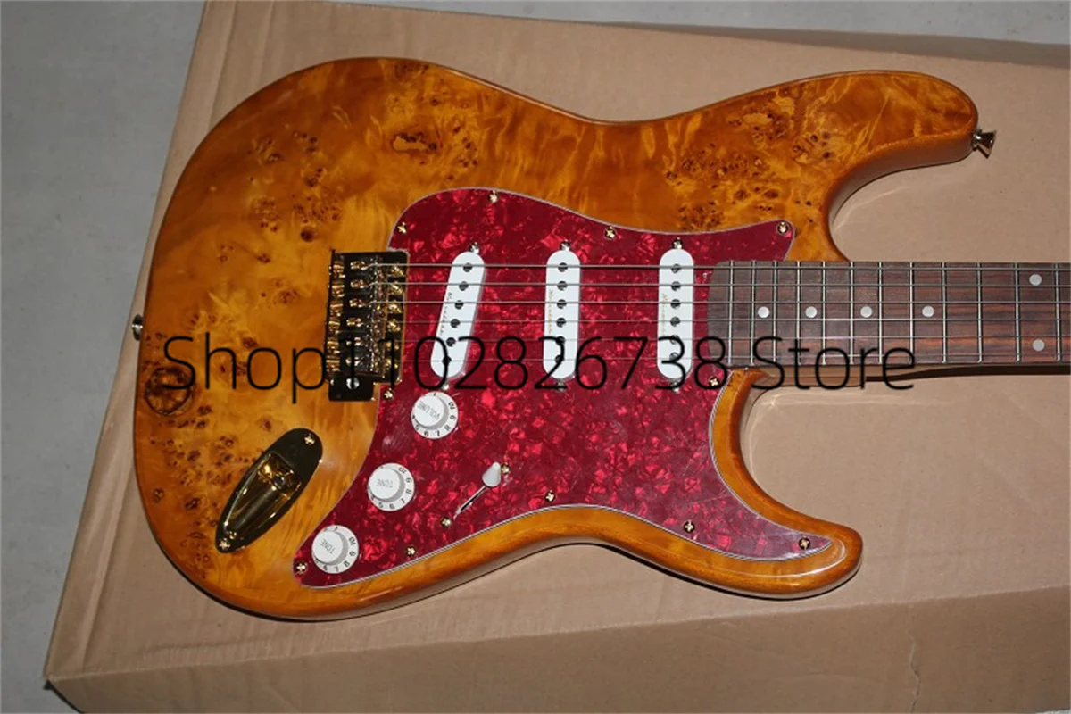 Stra Electric Guitar Yellow Body Brul Maple Top SSS Pickups Red Tortoise Shell Guard Rosewood Fingerbard Golden Tuners