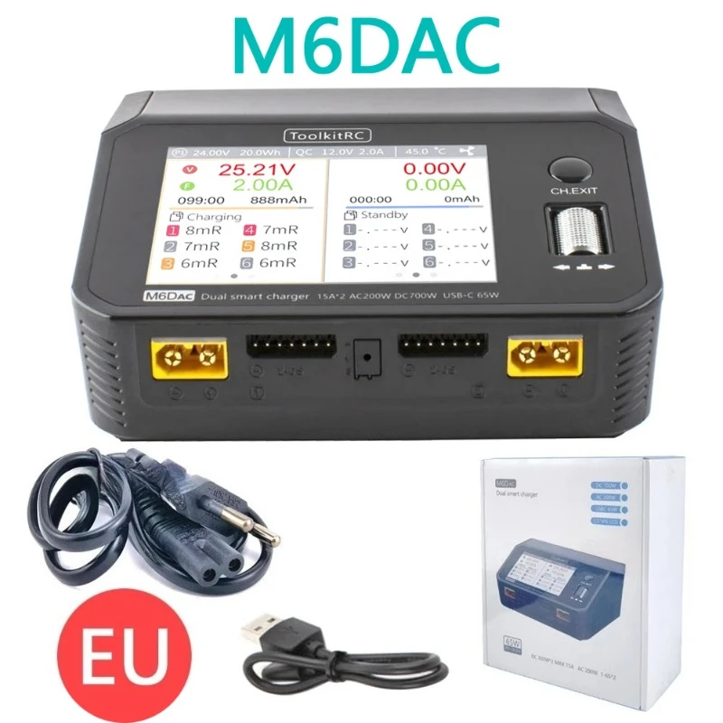 M6dac Dual Channel Smart Charger AC 200W DC 350W×2 15A for 1-6S LiHV Lipo Battery with PD 65W Output