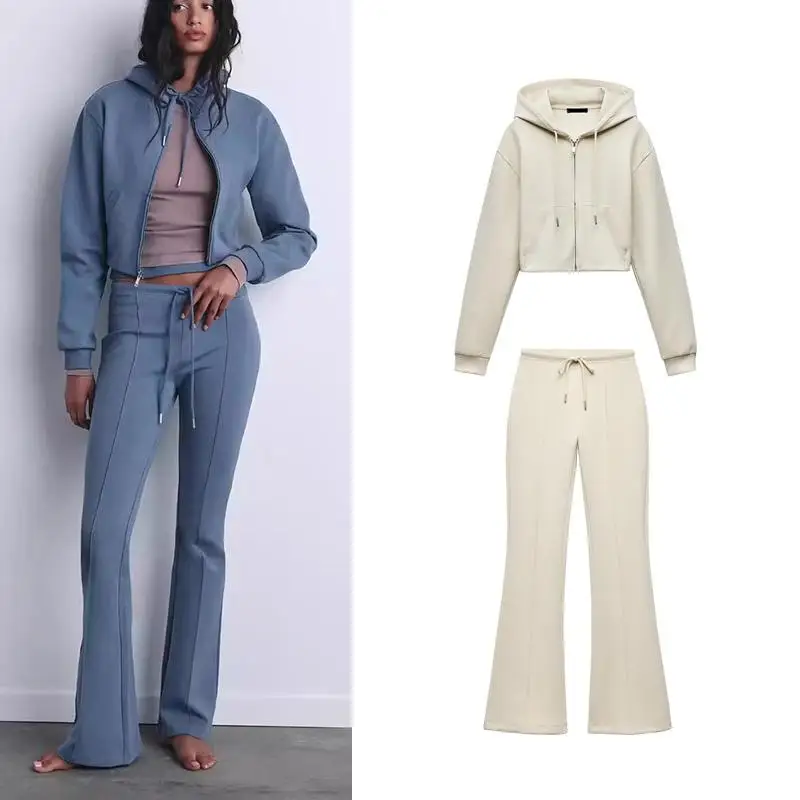 Women's Double-sided Fabric Short Hoodie And Decorative Bell Bottoms Autumn Winter Casual Sportswear Two-piece Set Zipper Clo...
