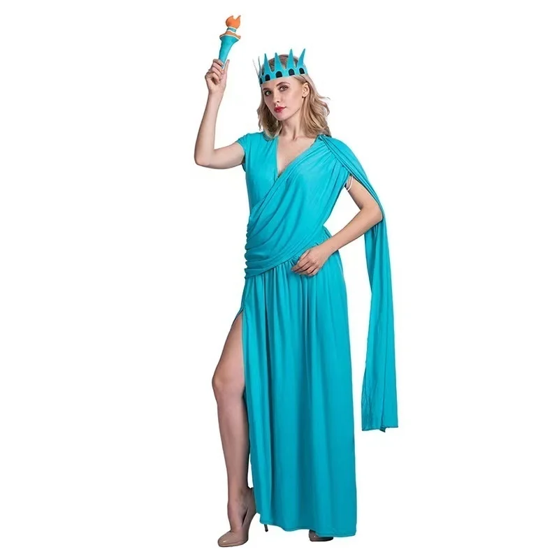 

Halloween Costume 2023 Adult Lady Women Statue Of Liberty Greek Robe Cosplay Grown Torch Purim Carnival Party Fancy Dress