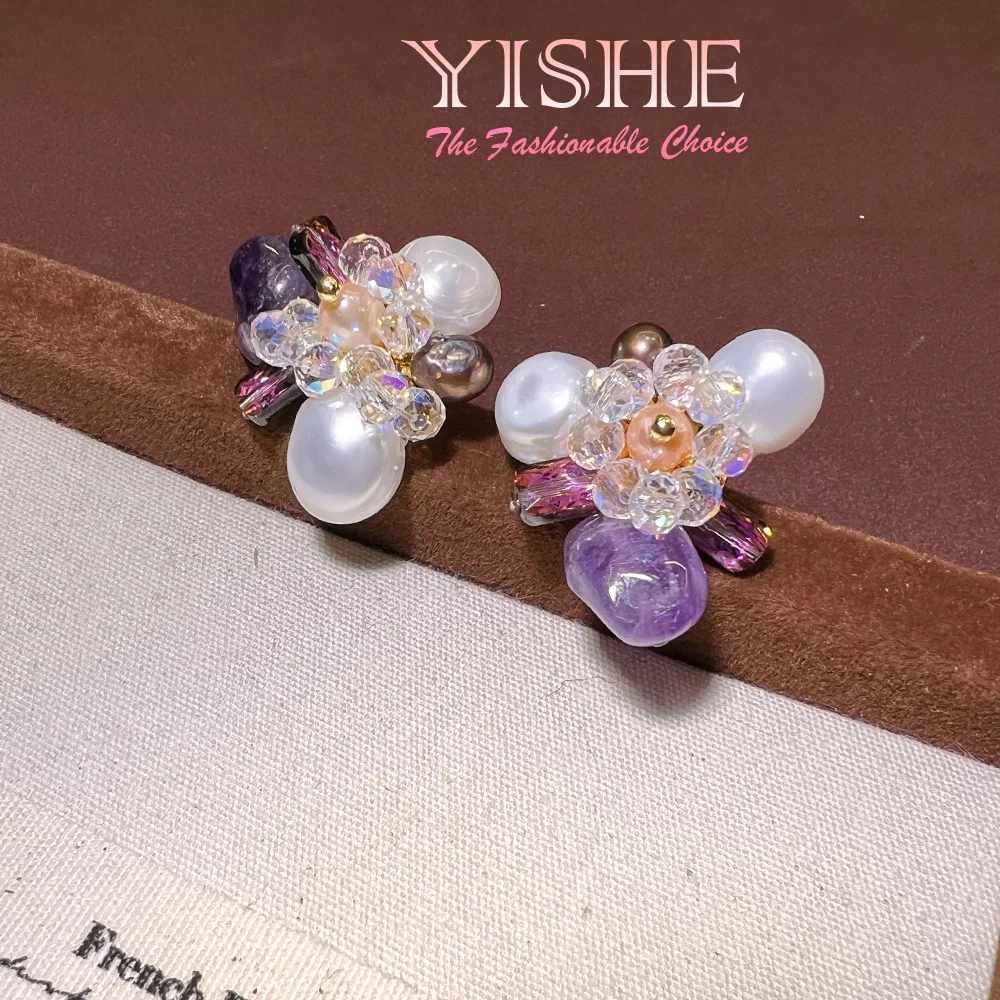 French handmade natural pearl baroque amethyst stud earrings niche exquisite high sense old money style original earrings - view 2