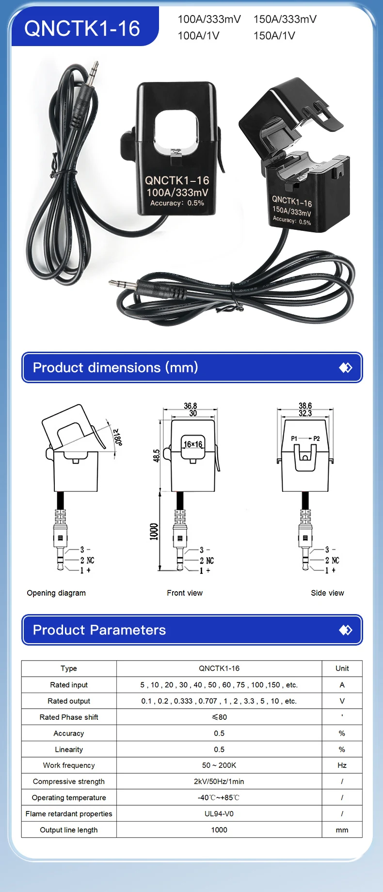 Split-Core-Stromwandler QNCTK1-16 100A 1V 50A 333mV 30A 0.333V 60A 80A Offener Stromwandler 100A 50mA – Detail 2