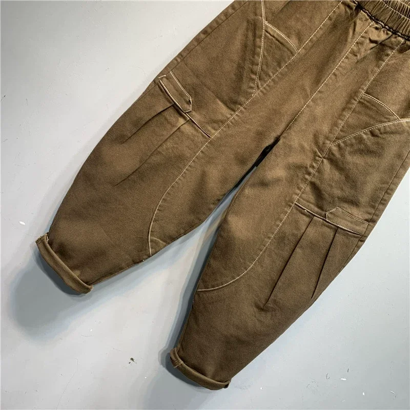 女性用プリーツポケットカーゴパンツ、コットン作業服、ゆったりとしたパンツ、用途の広い、ファッションデザイン、春夏