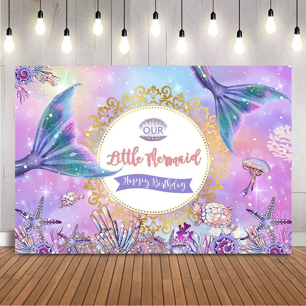 인어 생일 배경 신생아 소녀, 작은 인어 공주 사진 배경, 바다 아래 포토콜 장식 배너