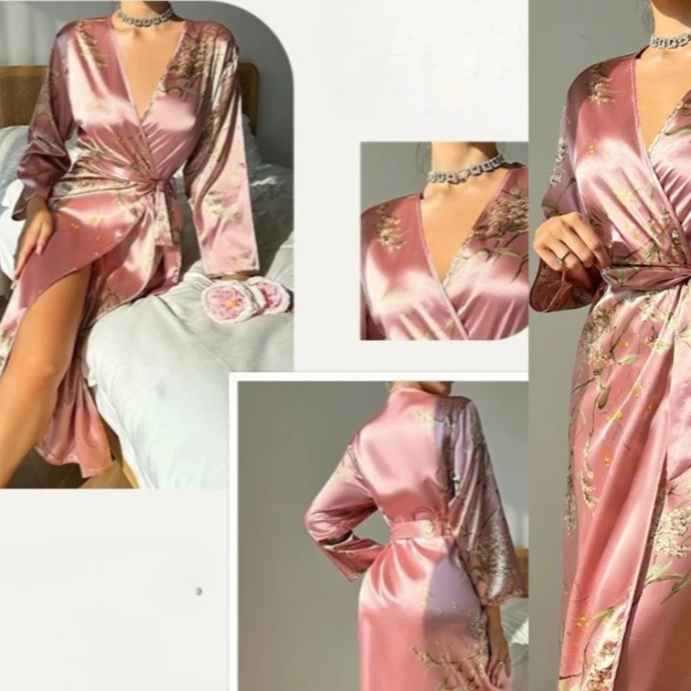 

Print Robe Satin Kimono Bathrobe Nightgown Summer Sleepwear Intimate Lingerie Dressing Gown