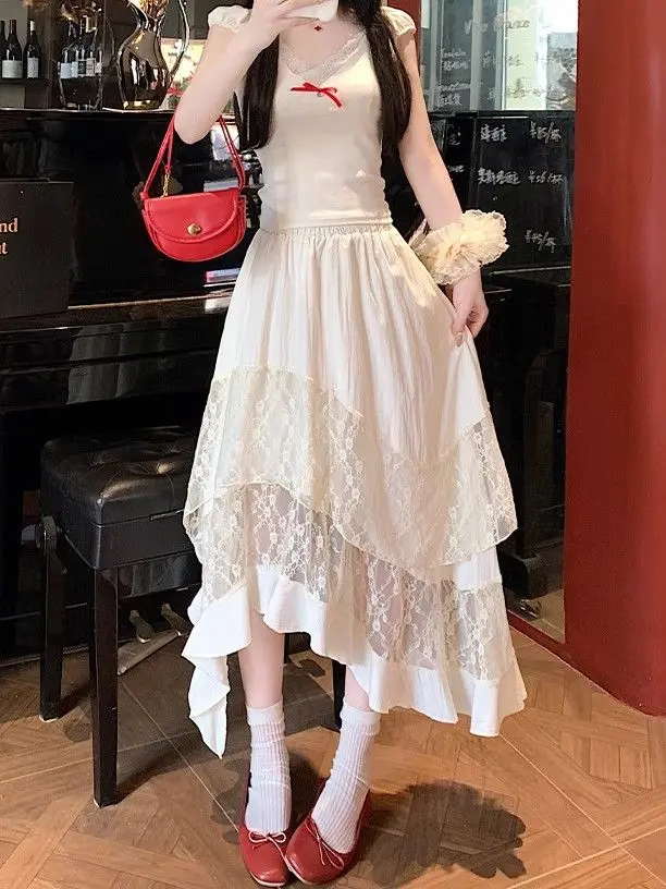 Spring Summer Women's Half Length Skirt High Waist Splicing Large Swing Skirt Loose Long Lace Cake Skirt  Casual Streetwear S312