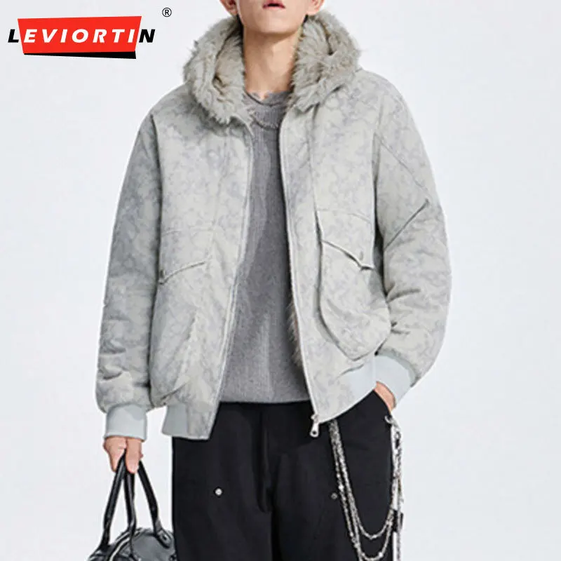 

Autumn/ Winter fashion urban couple outfit hooded base mountain carved PU leather jacket with thick woolen collar cotton jacket