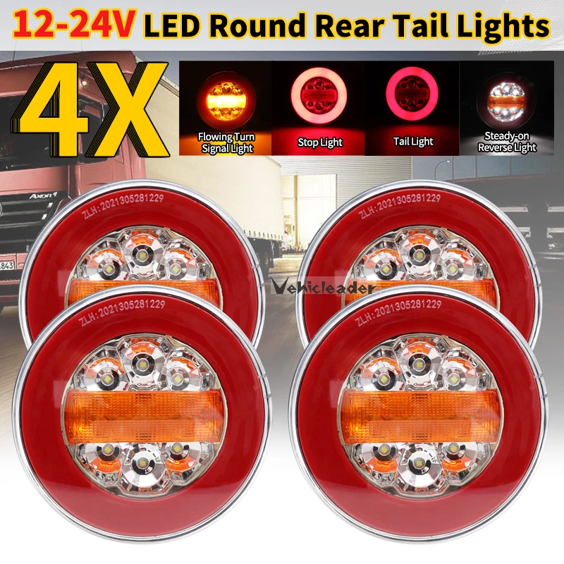 

4Pcs 12V 24V Truck Trailer Dynamic Turn Light Reverse Stop Signal Round Tail Lights Tractor RV Van Sequential Turn Signal Lamps