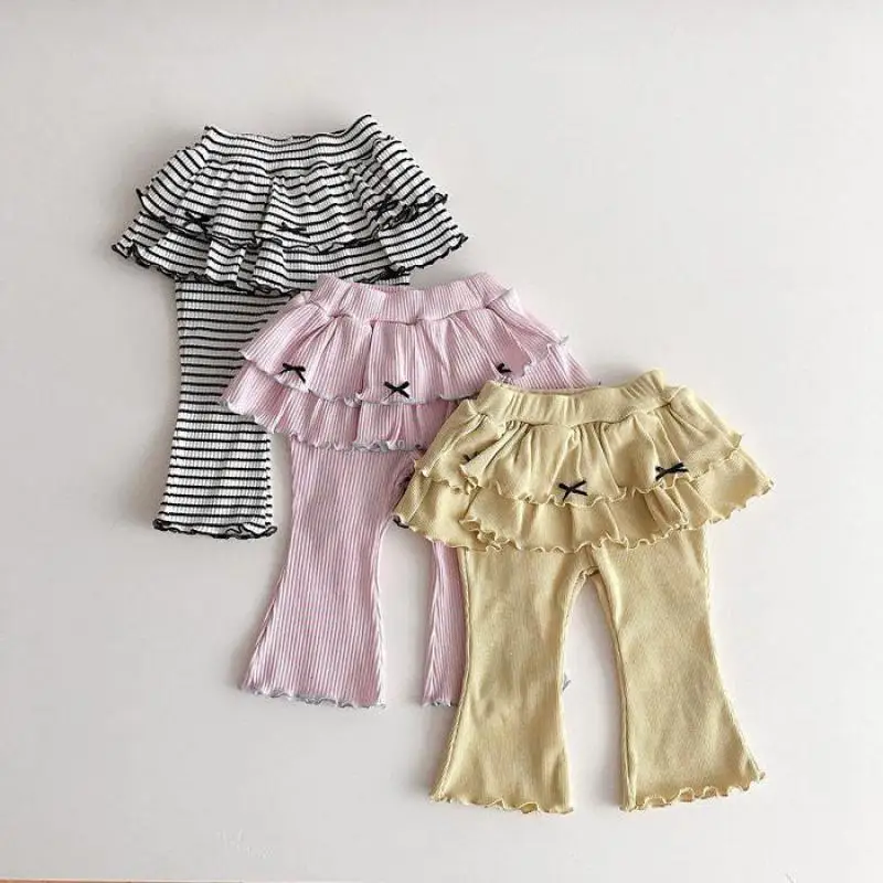 

2026 Spring New Cute Girls Striped Trousers Children Casual Pants Baby Girl Lace Flared Trousers Loose Kids Clothes