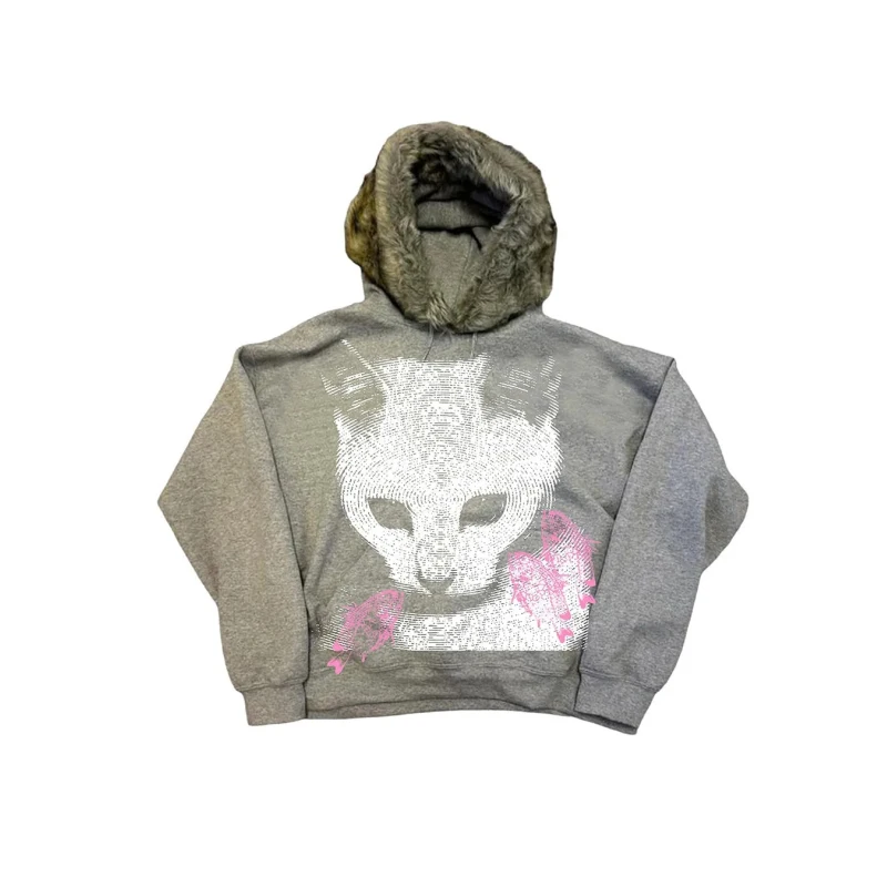

2026 American retro personalized cat print special hooded sweatshirt jacket for men and women autumn and winter fur collar hoodi