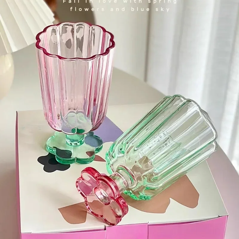 250ml French Style Glass Cup  Flower Shaped Wine Glass Cute Boba Tea Drinking Glass Home Bar Drinkware Summer Holiday Gifts