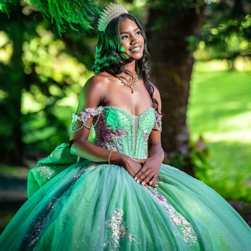 

Customized emerald green Quinceanera Dresses Off the Shoulder glitter decal crystal flower tail Bow Vestido 15 Quinceanera