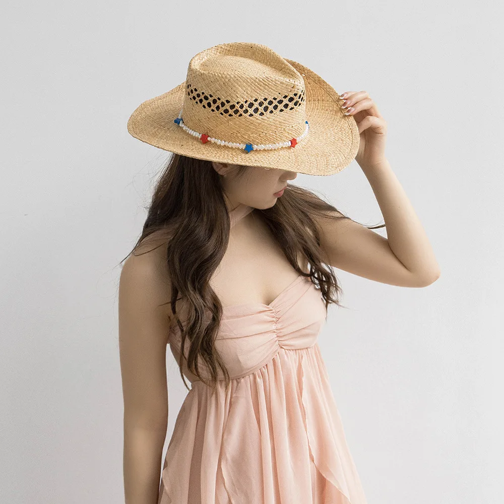 USPOP New Spring Summer Women Beach Hats Bohemian  Hand-woven Hollow Pearl Building Block Chain Raffia Jazz Hat Sun Straw Hats