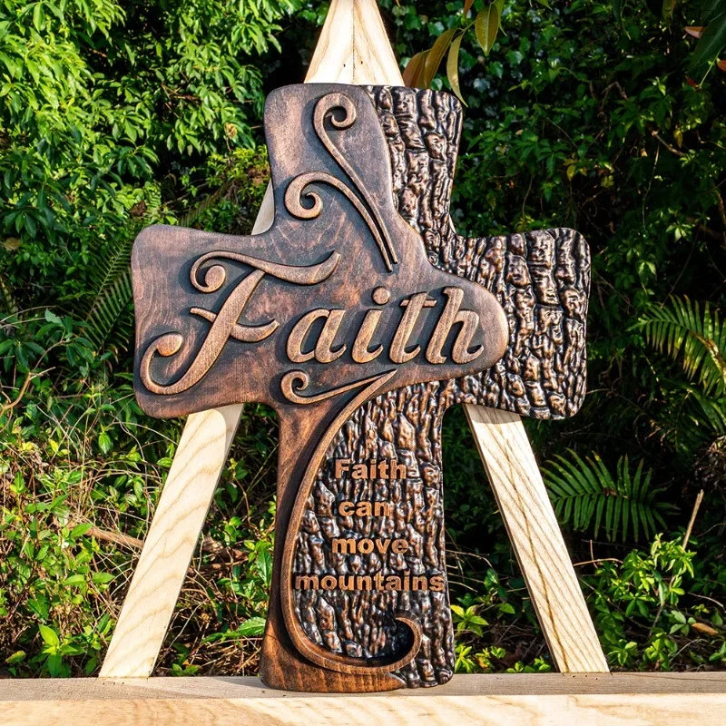 Vintage Carved Faith Wood Cross Decoration, Spiritual Wall Sign, Christian Tabletop Gift