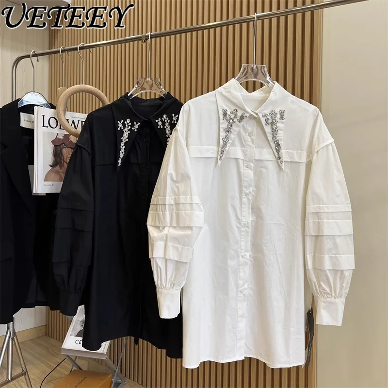 

Spring European Station Heavy Industry Beads Long-Sleeved Shirt Lapel Mid-Length Blouse Loose Solid Color Shirts for Women