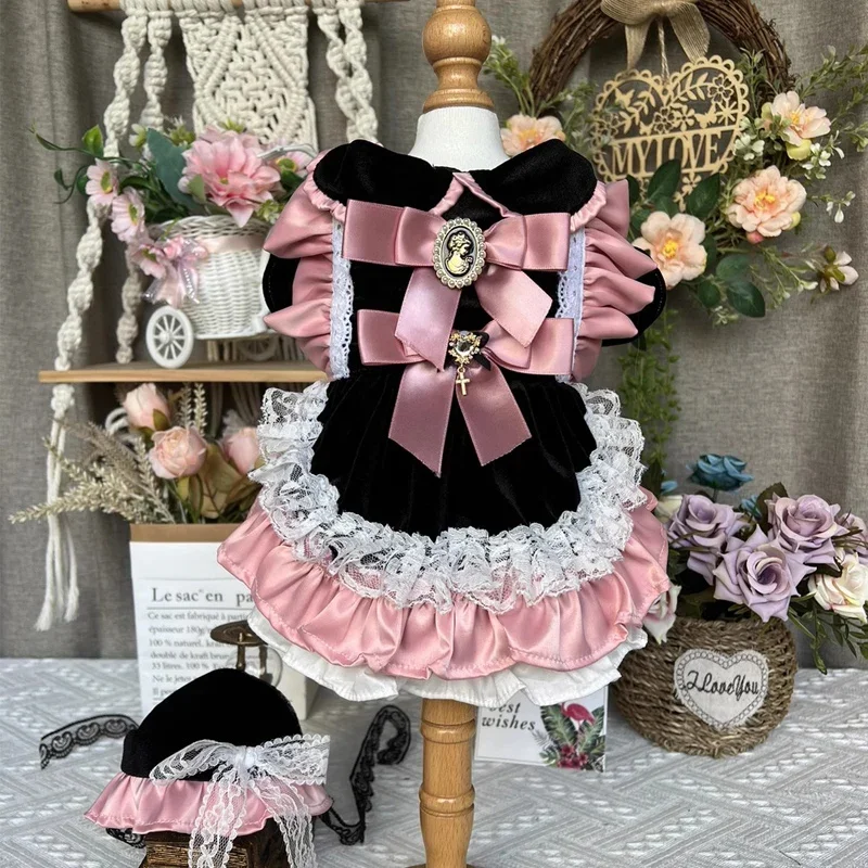 

Original Handmade Pet Dog Cats Clothing Retro Black Pink Velvet Bow Cute Princess Dress For Small Medium Dog Puppy Clothes Coat