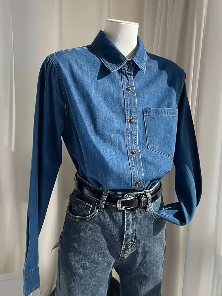 

Retro Soft Denim irt Women's Inner Wear Layer Spring Faion New Arrival Commute Sle High Waist Long Sve Collar