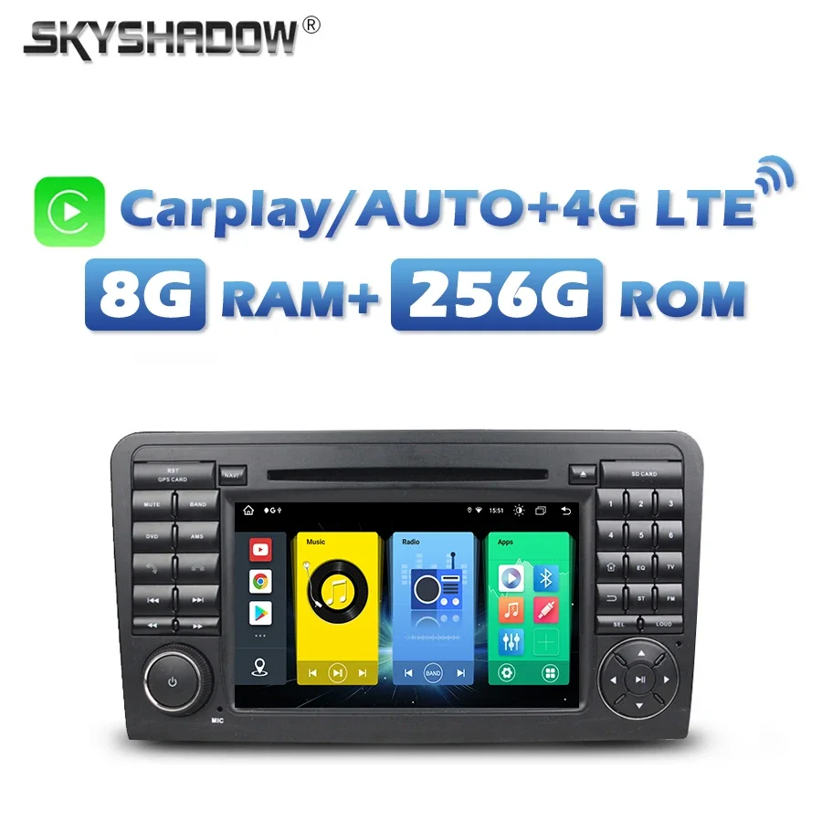 4G SIM DSP Carplay Auto Android 12.0 8G+256G Car DVD Player Wifi Bluetooth RDS RADIO GPS For Benz ML GL Class W164  X164 ML300