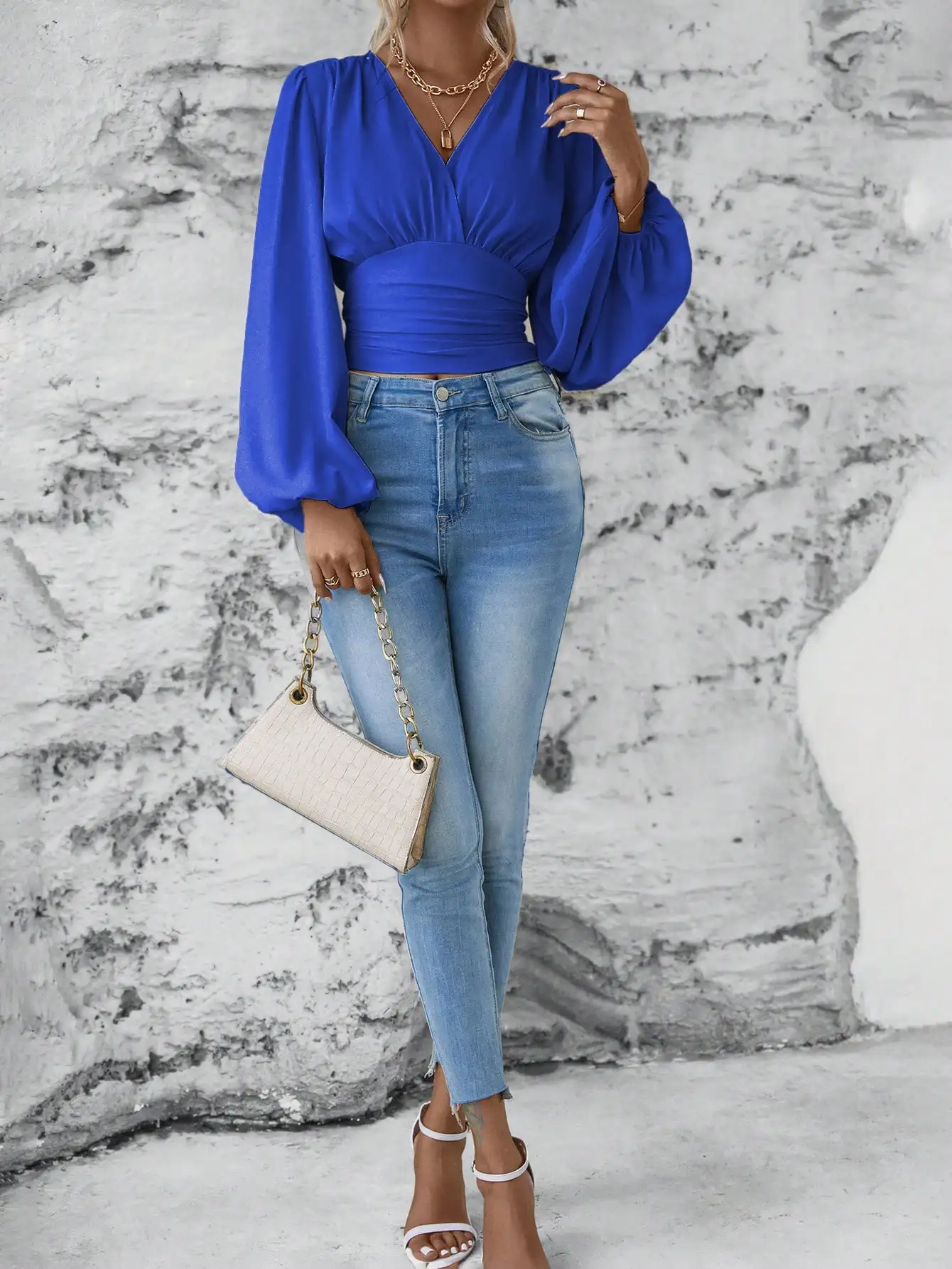 

Solid Color Overlap V-Neck Lantern Sleeve Pleated Blouse