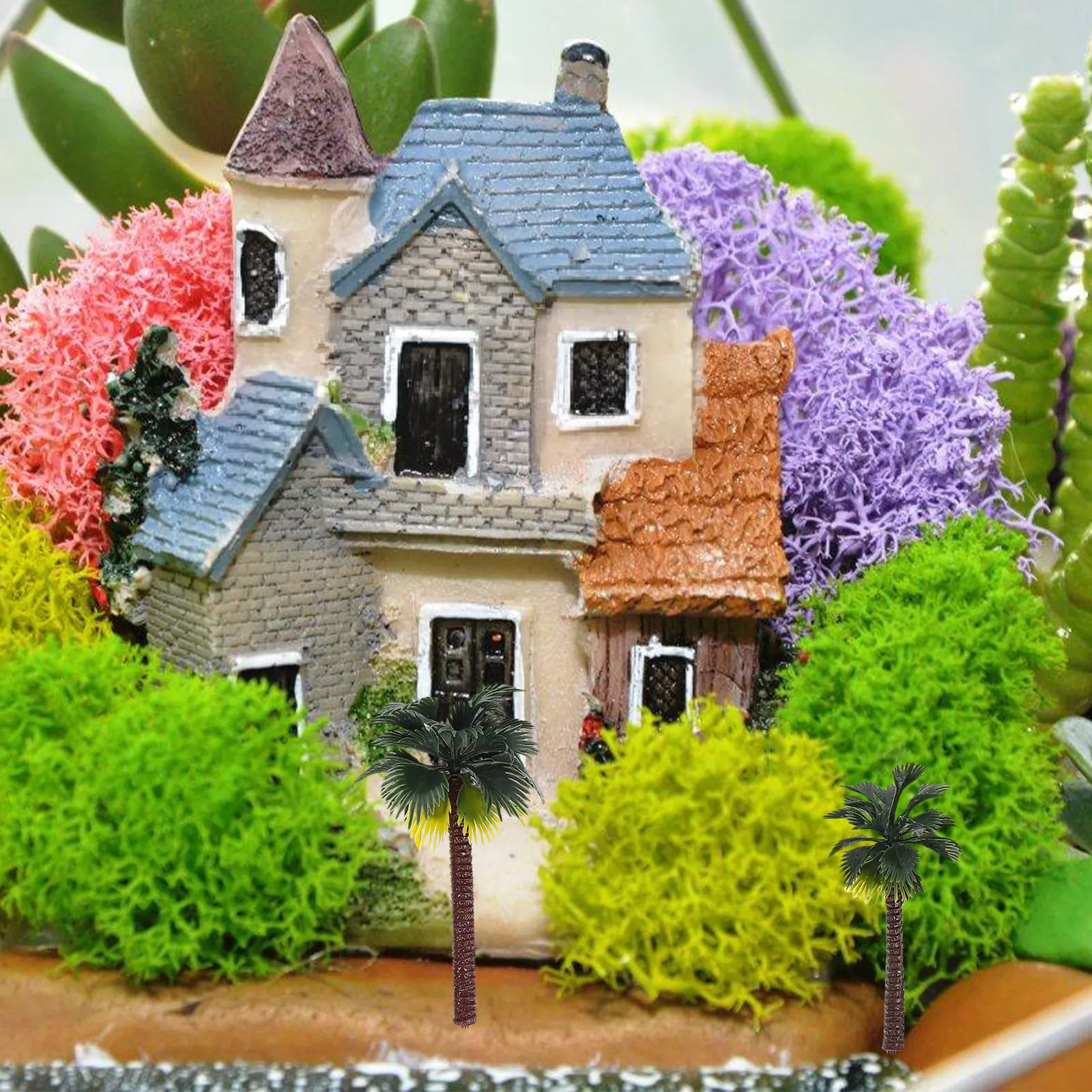 8Pcs Green Palm Trees Landscape Accessories Four Sizes 16Cm 13Cm 10Cm 8Cm Realistic Plastic Scenery Decoration DIY Handmade Set