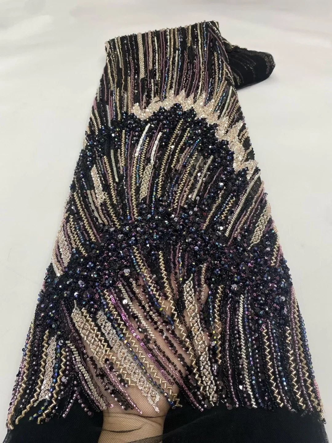 5 yards Burgundy Multicolor Tube Bead Embroidery Lace Fabric, Luxury Vertical Wave Streamline Tulle with Sequins & Crystal Beads