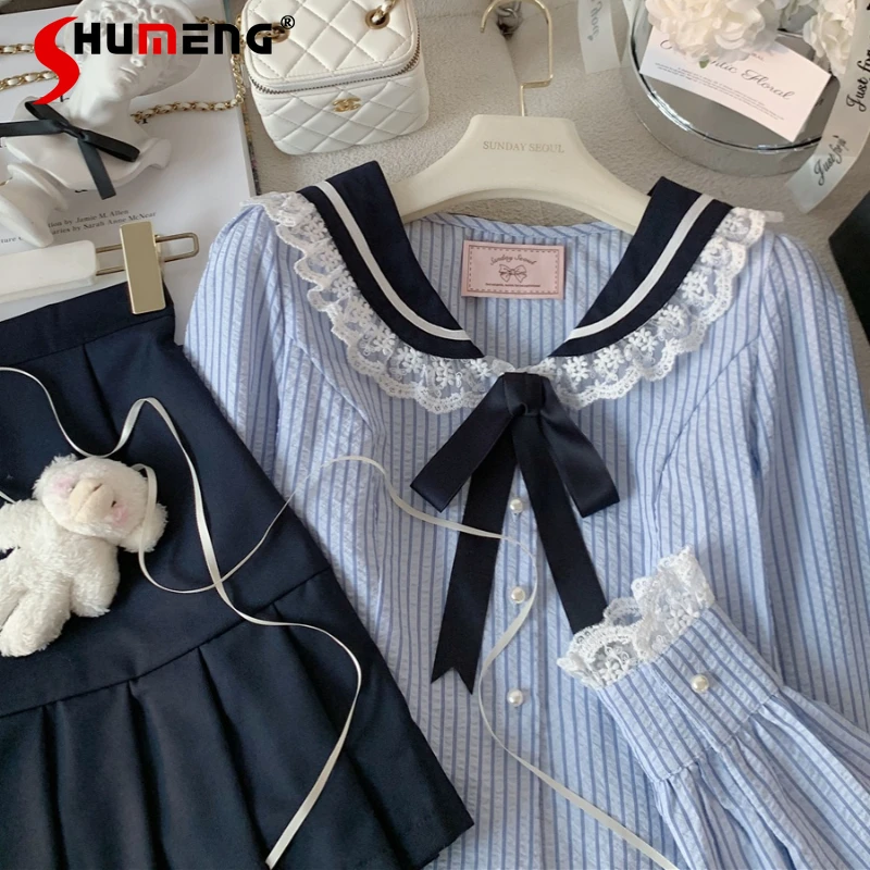 Retro Sweet Navy Style Blue Striped Bow Top for Women 2024 Spring New Elegant Sailor Collar Blouse Lady Slim Long Sleeves Shirts