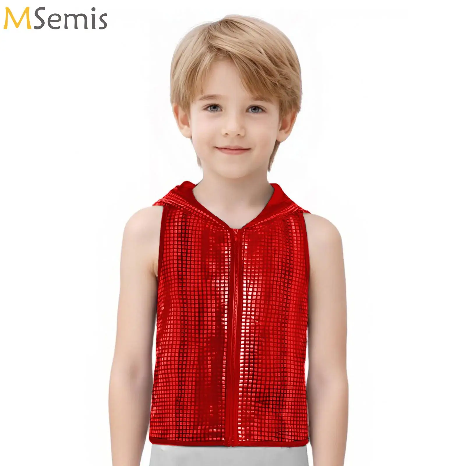 

Street Dance Boys Girls Metallic Plaid Vest Waistcoat Hip-hop Dance Party Street Show Costume Vest Outerwear Zipper Waistcoat