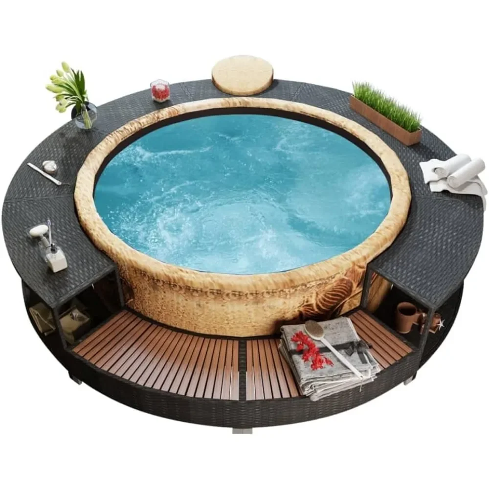 Outdoor Hot Tubs Frame with Built-in Storage Area and Power Pack Cutout, Spa Surround, Poly Rattan Outdoor Massage Hot Tub Frame