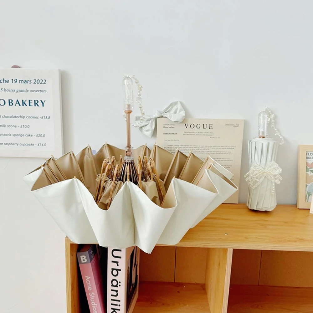 

Light Luxury White Umbrellas with Bead Chain Transparent Handle Upside down umbrella Lace Bow for Uv Parasol Woman Fancy Gift