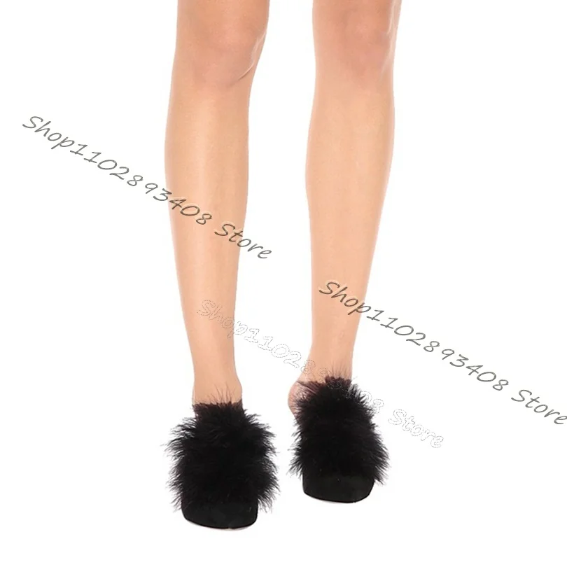 Red Fur Decor Flock Stiletto Slippers Slip on Pointed Toe Cut Heel Shoes Women Spring New Fashion Slippers Zapatos Para Mujere