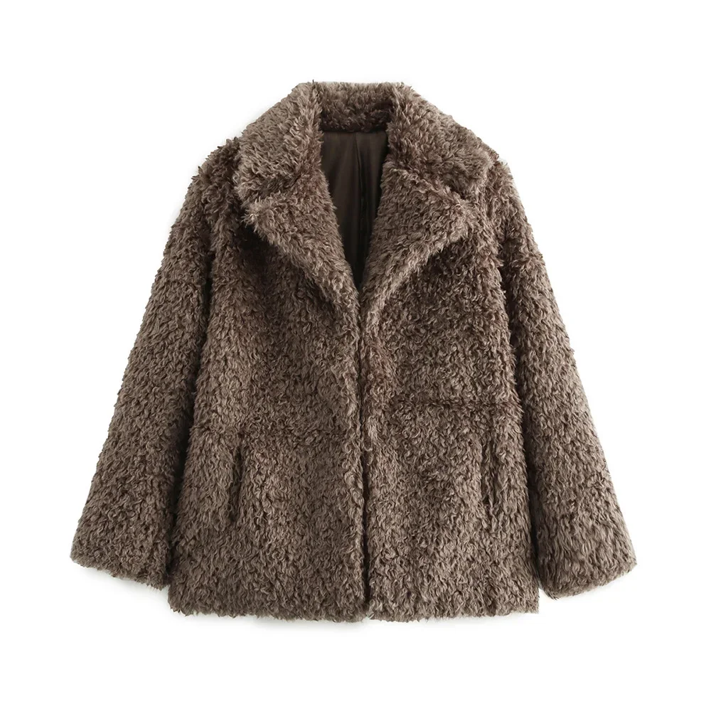 Casual Fashion Furry Design Lapel Jacket New Women's Faux Fur Effect Warm Short Jacket Autumn and Winter Women's Tops