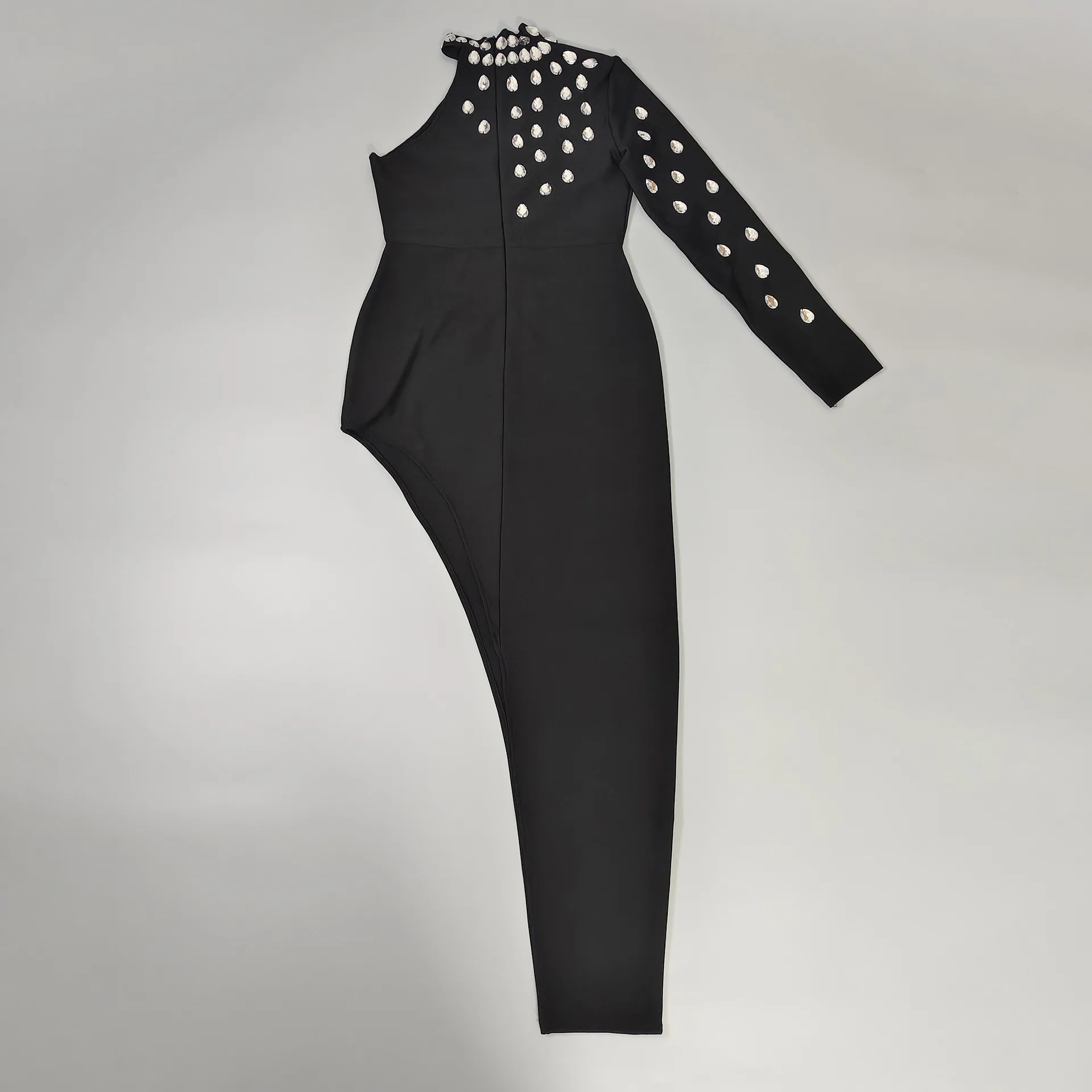 LEOSOXS Vestido de noite feminino elegante preto design assimétrico e detalhes de cristal para sofisticação de luxo atemporal 2025