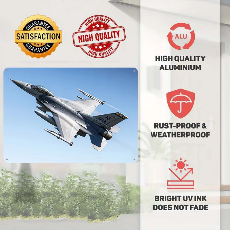 F-16 Fighter Jet in Flight 3D Texture Printed Poster Custom Vintage Metal Tin Plate Sign for Wall Art Office Decoration Room