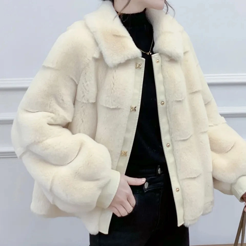 Korean Danish Mink Short Coat All-Match Women\'s Faux Fur Jacket High-End Fashion Mother\'s Clothes Splicing Wool Jacket Black Q8