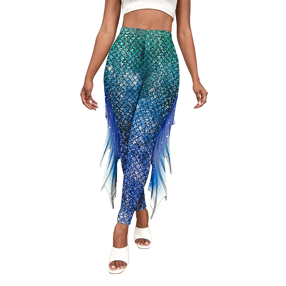 Pantalones con estampado de sirena para mujer, pantalones con estampado 3D de escamas de pescado, mallas de moda para mujer, pantalones ajustados para Cosplay de Yoga