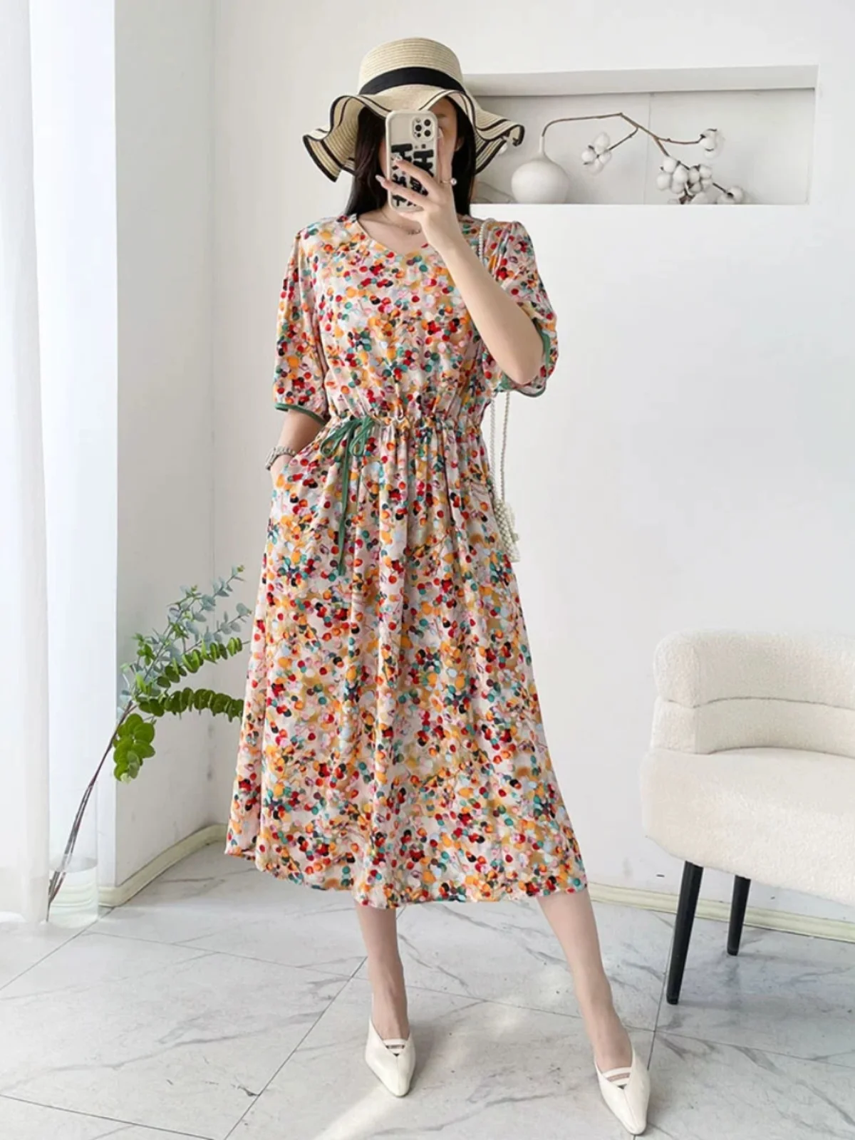 Summer New V-ne Slimming Large Size Artificial Silk Floral Print Dr Women's High Waist A-line Soft Breathable ort Sve