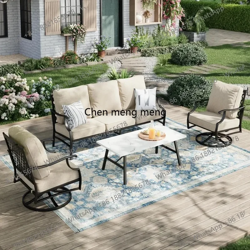 RR Patio Furniture Set 4 pcs, Metal Outdoor Patio Furniture, 3-Seat Sofa, 2 Swivel Chairs, Metal Coffee Table and, Customized
