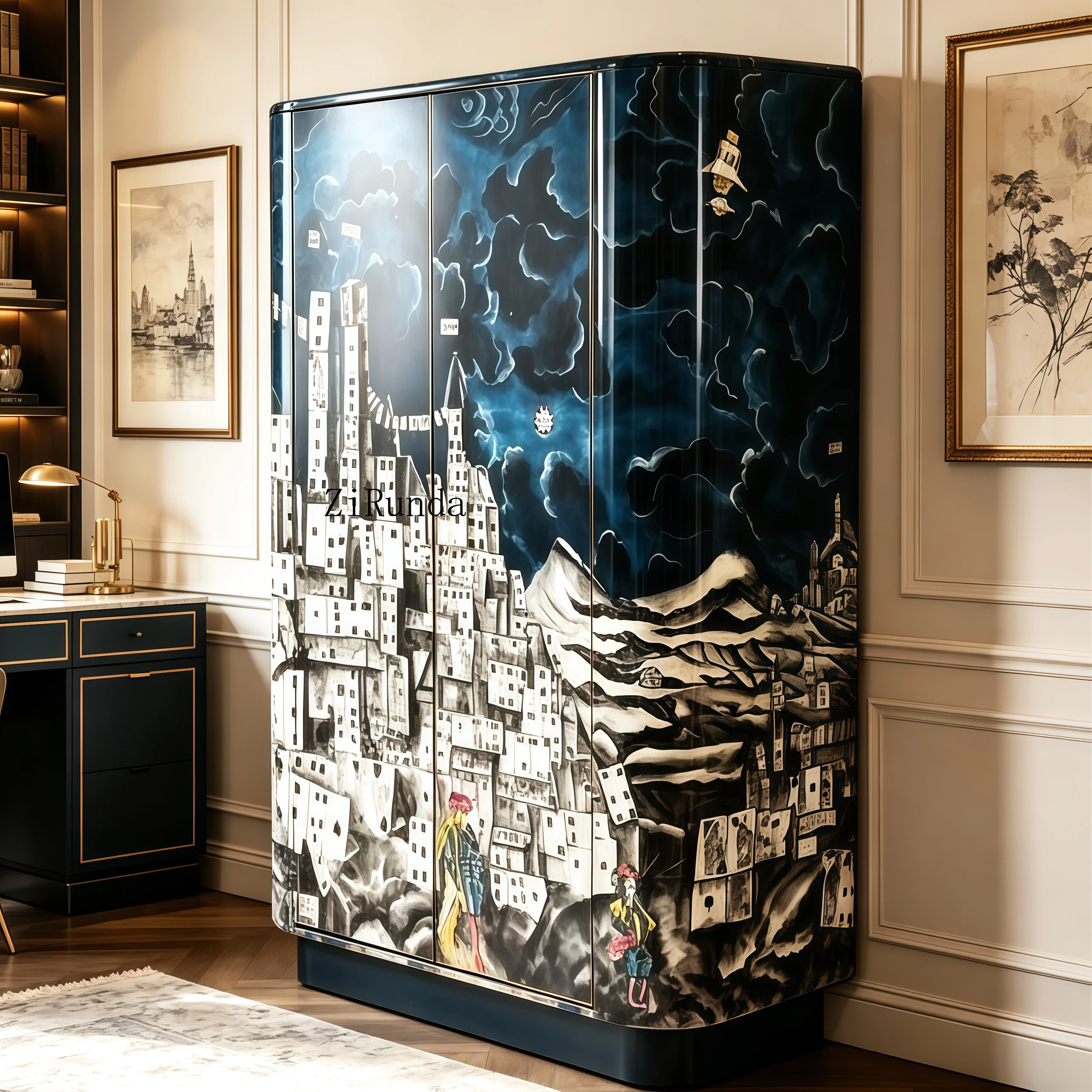 Modern simple luxury hand-painted art solid wood curved dining side cabinet high-end villa home bar wine cabinet living room
