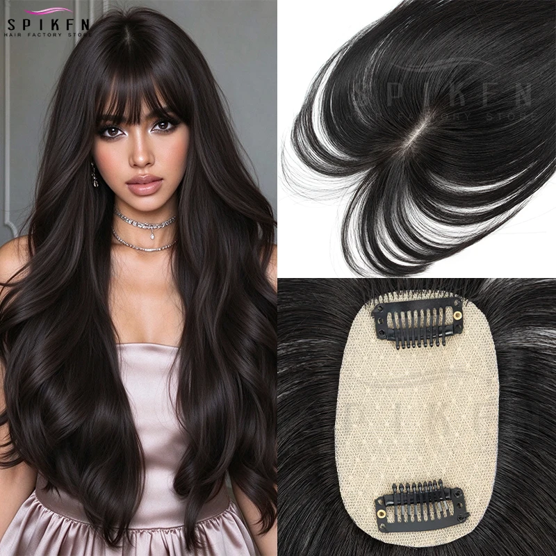 Straight Human Hair Topper with Bangs for Women, Invisible Middle Part Seamless Natural Fluffy Hair Piece Clip in Daily Wear