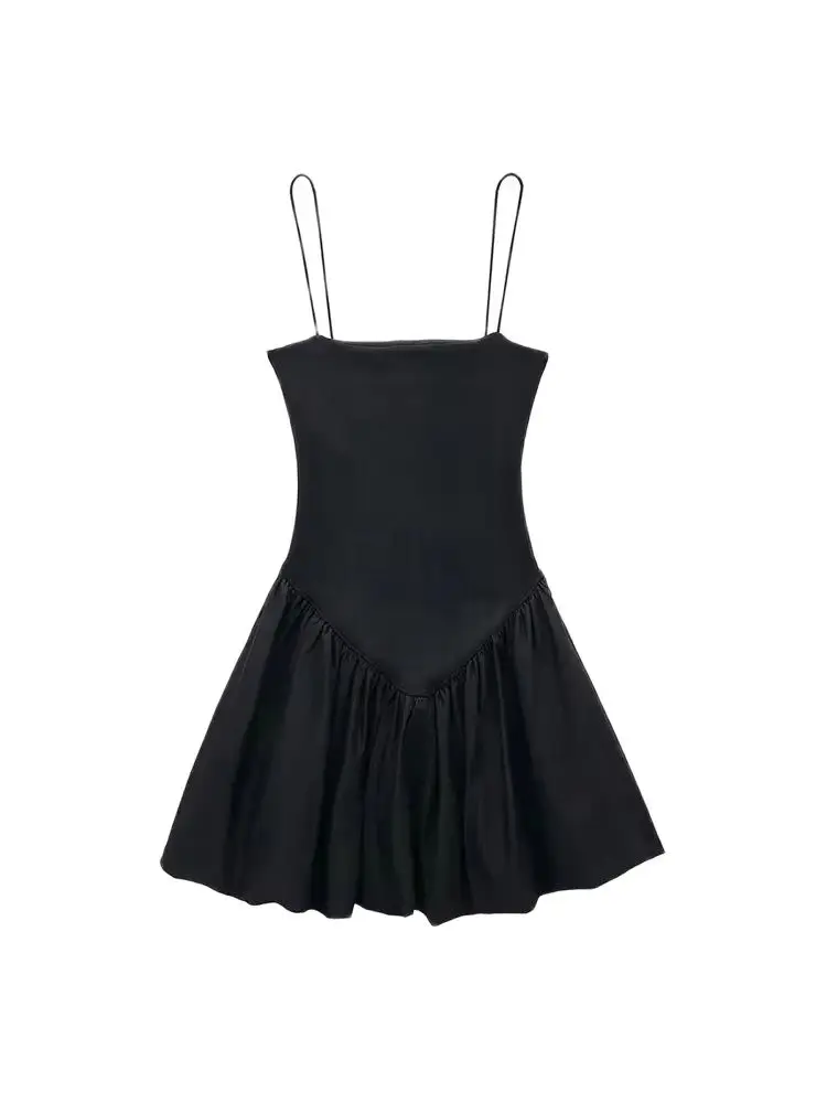 TRZA-Women's Patchwork Ribbed Poplin Puff Mini Dress, Straight Neck, Thin Straps, Female Dresses, Sexy Fashion image 5